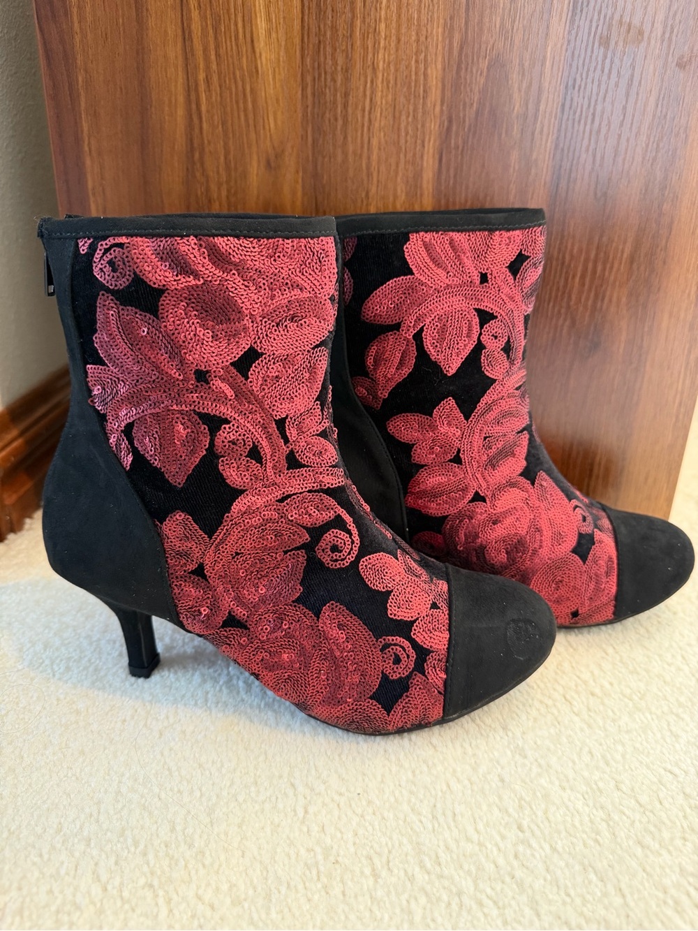 Joan Boyce Black Suede Ankle Boots with Red Sequin Floral Overlay